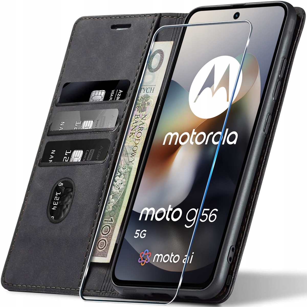 Etui Skórzane Na Magnes Do Motorola Moto G56 +szkło