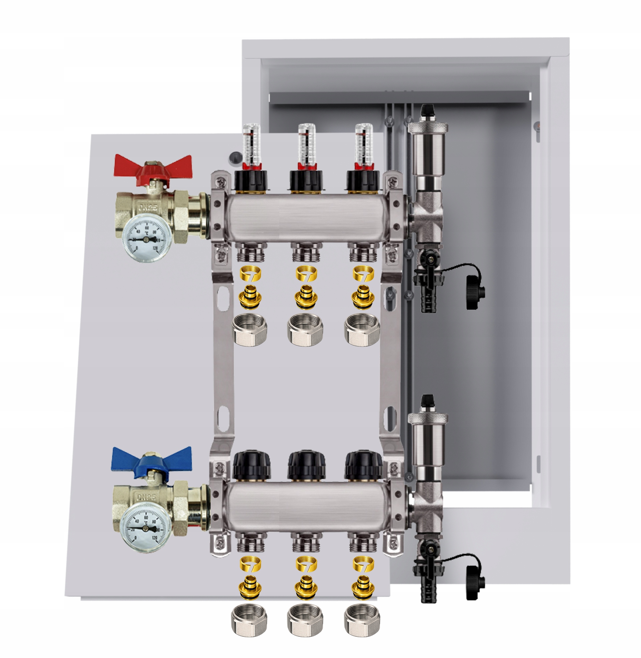 Nerezový rozdeľovač podlahy 3 obvody skrinka ventily Pex