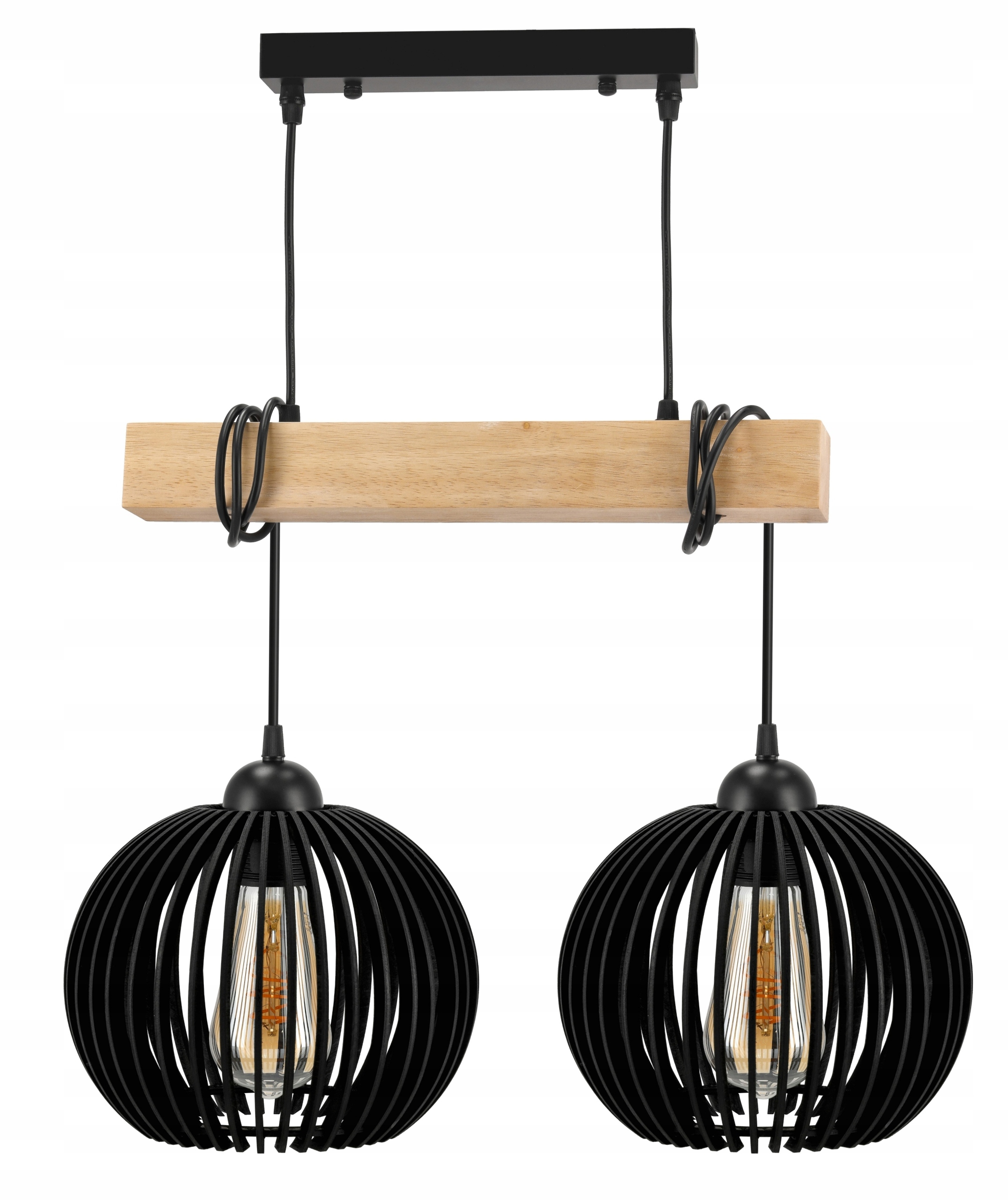 Závěsné Stropní Svítidlo Led Dřevěný Nosník Loft 2xE27 Stínítka Koule Černá