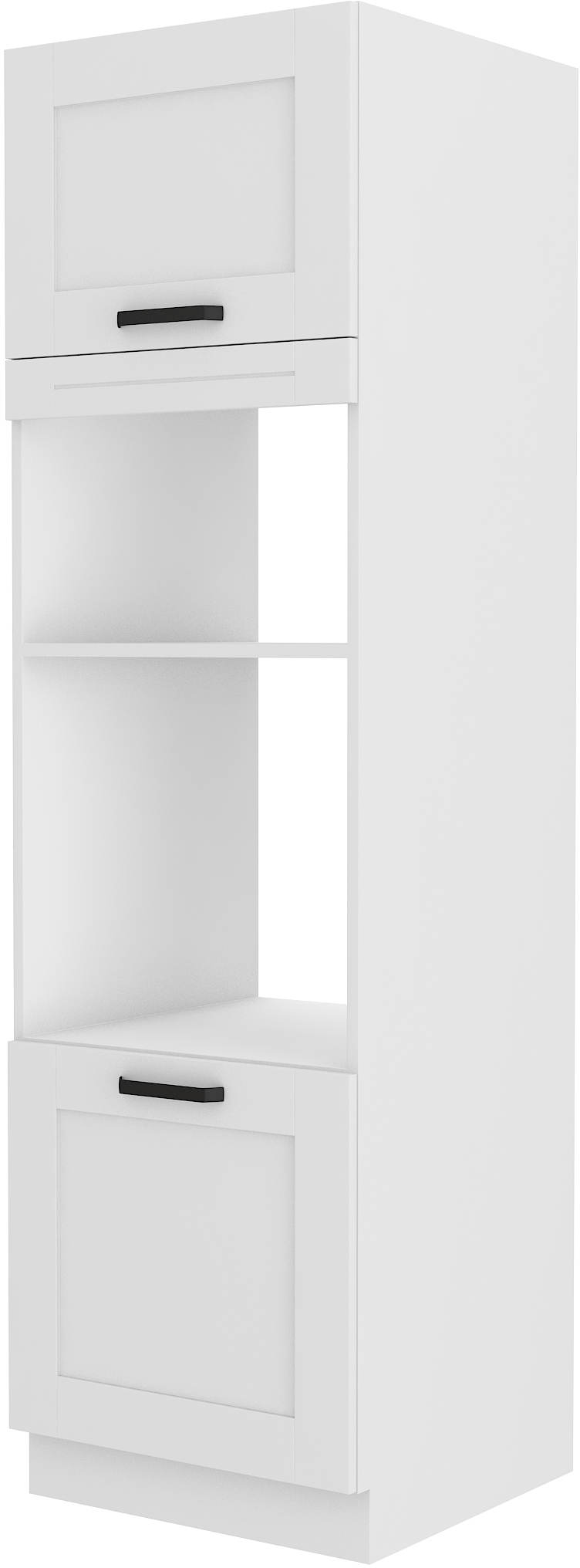 Kuchyňská skříňka s stojícím sloupkem pro zabudování trouby a mikrovlnné trouby. Bílá.