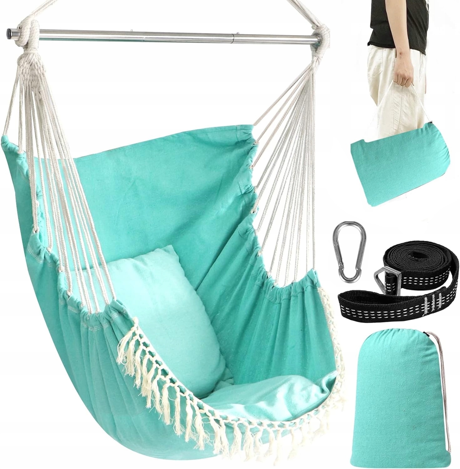 HUŚTAWKA WISZĄCE KRZESŁO FOTEL PODWIESZANY ZESTAW 2x PODUSZKI PASY HAK ETUI