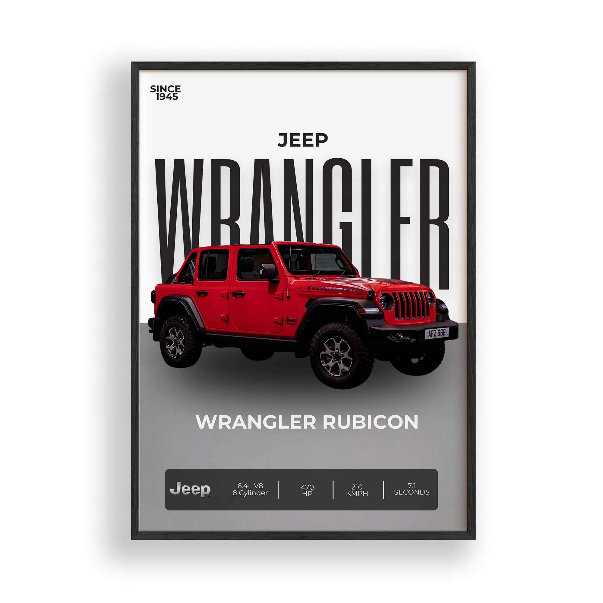 Obraz Auto Jeep Wrangler Rubicon Plakát Rámeček Dřevěný Černý 30x42 cm