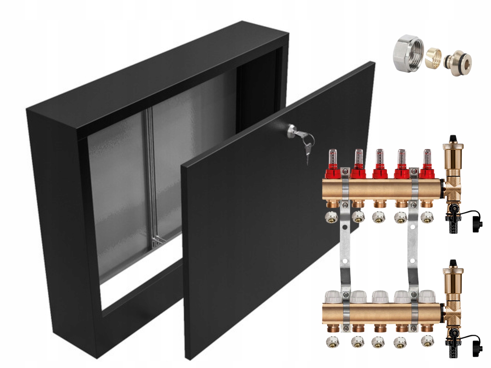 Mosazný Rozdělovač 5 Sekcí Pex Spojky Nástěnná Skříňka Černá