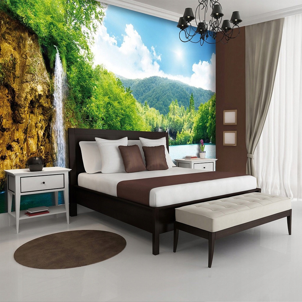 Fototapeta Vodopád v horách a lese 350x250 Příroda Relaxace Světle Modrá lepidlo