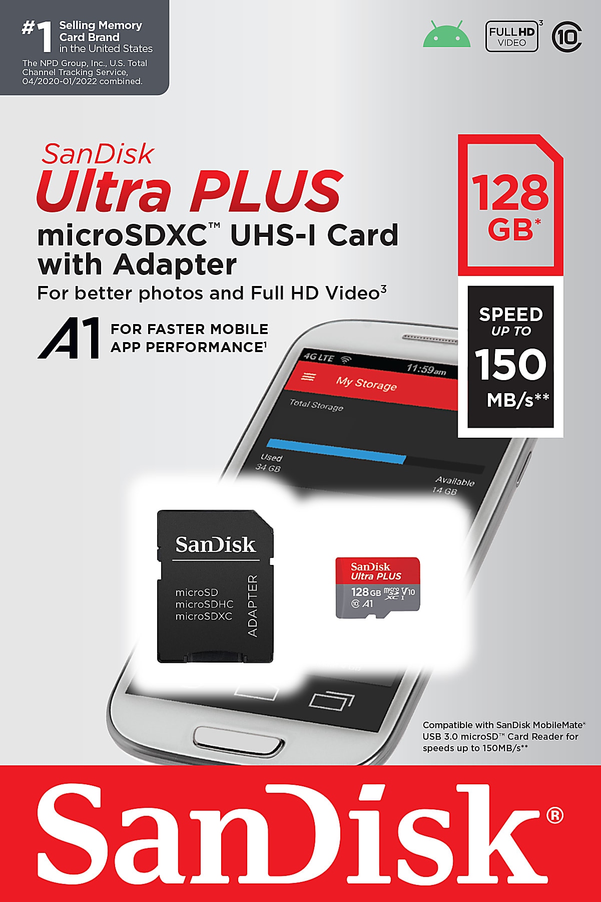 Karta SanDisk Ultra Plus microSD 128 GB plus adapter Kod producenta SDSQUBC-128G-GN6MA