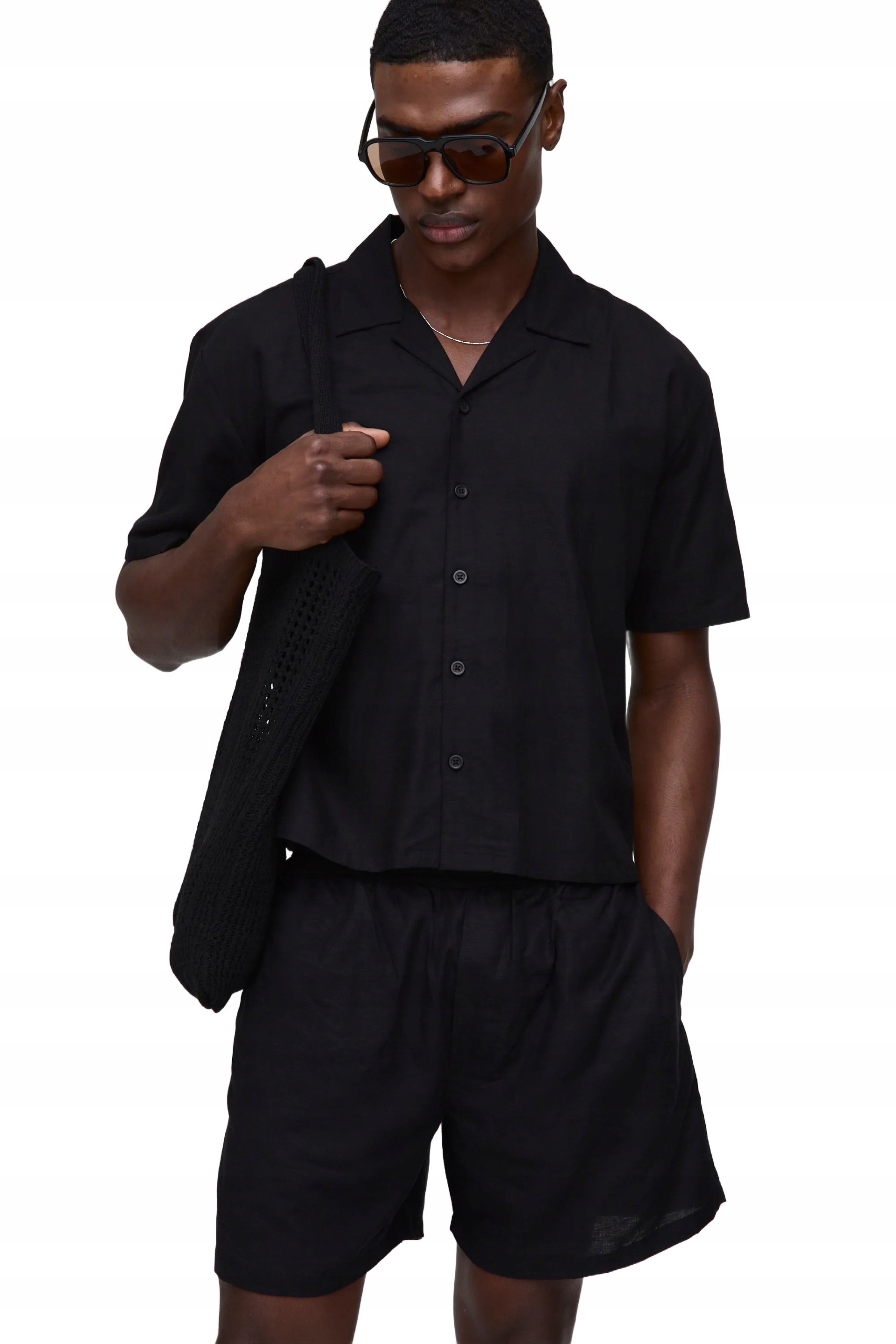 Boohooman Černý Pánský Komplet Košile A Šortky Len Bavlna Viskóza M Z3A