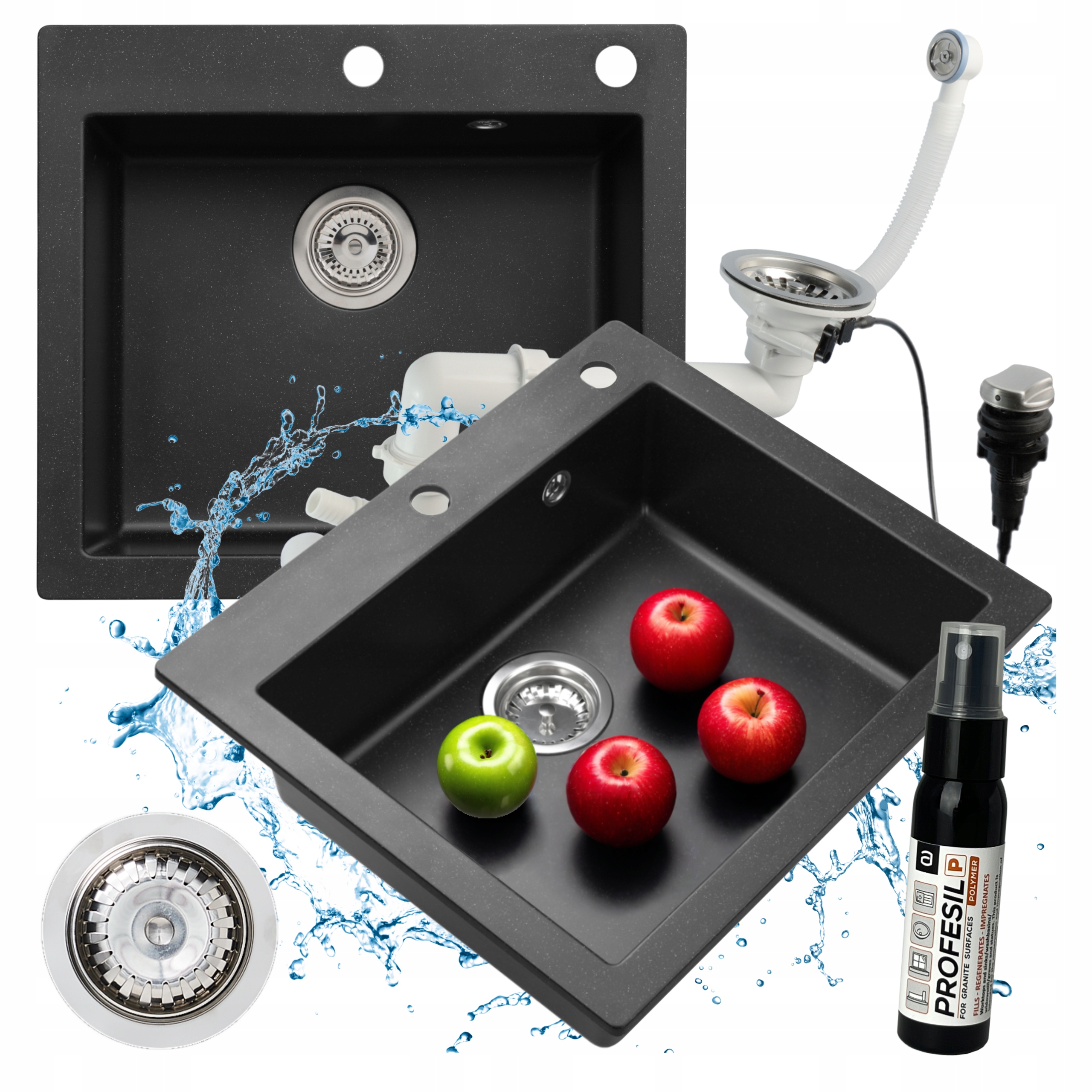 Jednokomorový granitový dřez Černý Velký 57x50 Set Sifon Annie 60