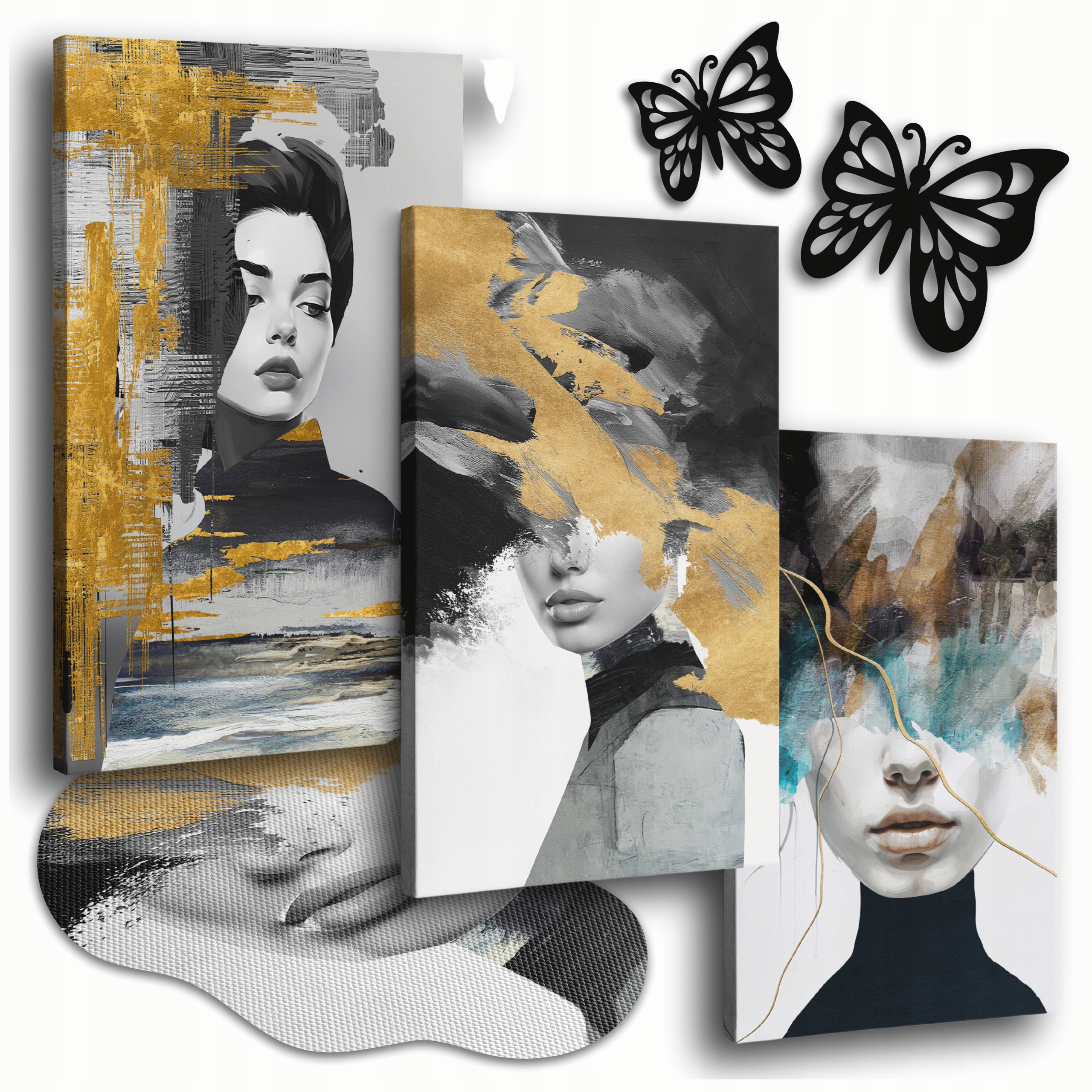 Obraz Na Plátně 150x70 cm Obrazy Do Obývacího Pokoje Triptych Zlaté Tváře Ženy 3x