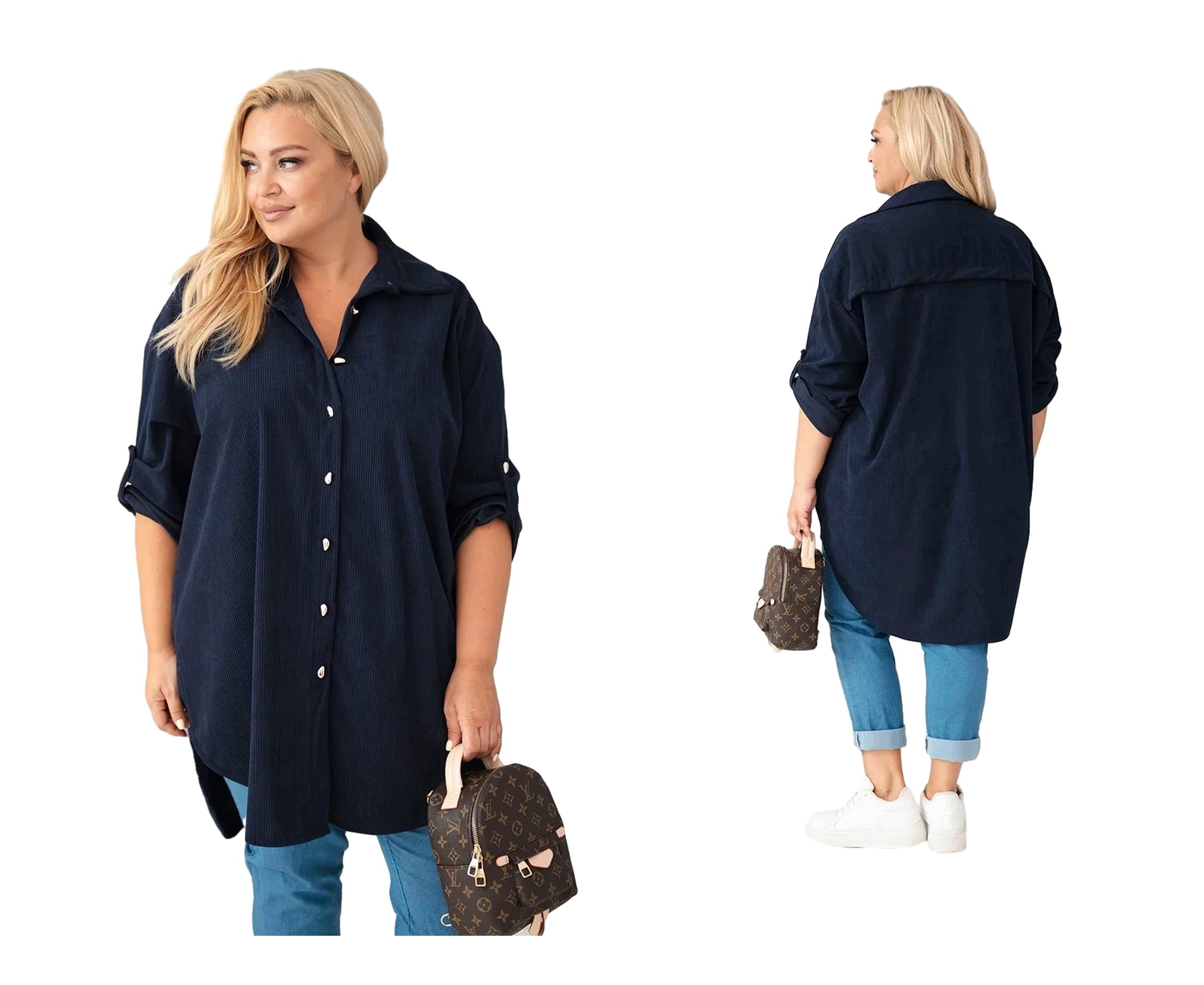 Dámská košile Plus Size z viskózy s připínacími rukávy, tmavě modrá
