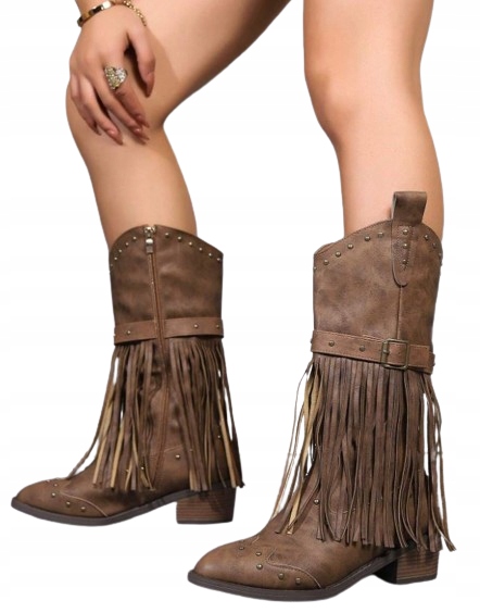 KOZAKI KOWBOJKI DAMSKIE BRĄZOWE Z FRĘDZLAMI 38 ŁJA