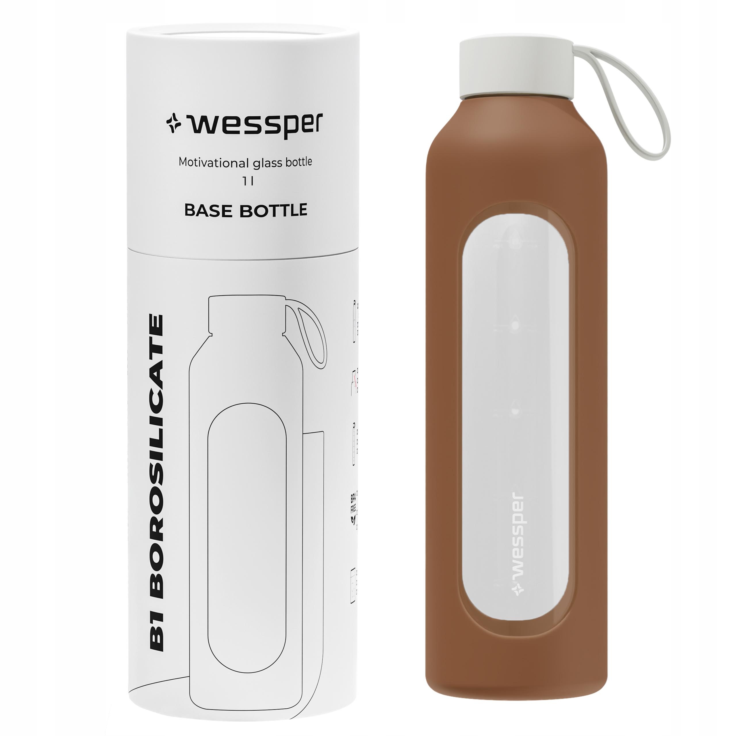 Szklana butelka na wodę 1l Wessper B1 Borosilicate Mokka