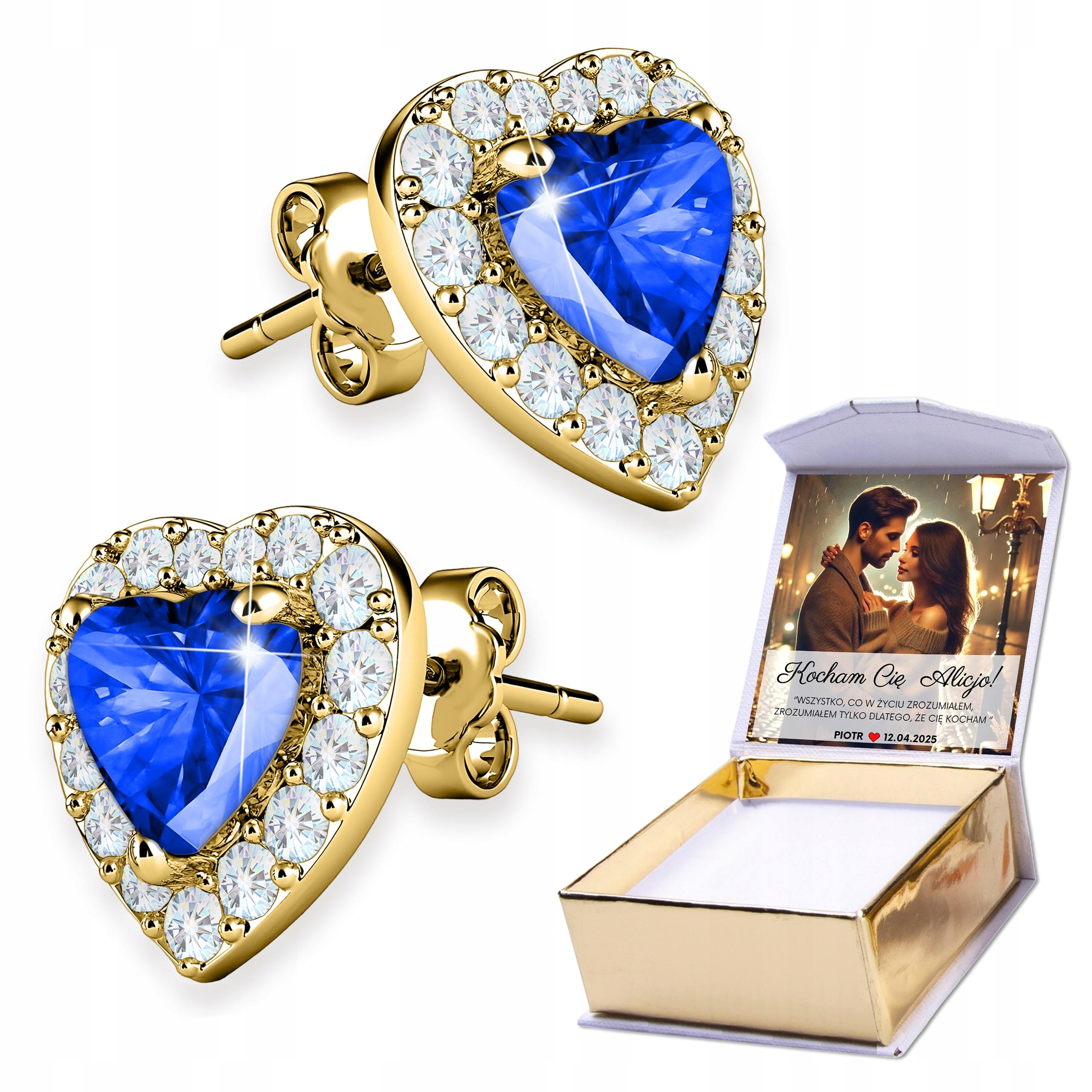 Zlaté Náušnice 925 Modré Křišťálové Srdce s Zirkony Hearts Print