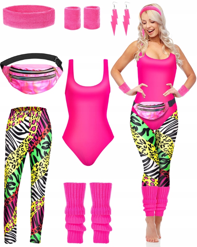 Kostým Převlek Disco Neon Léta 80 90 Set Retro Body Legíny 8V1 L XL