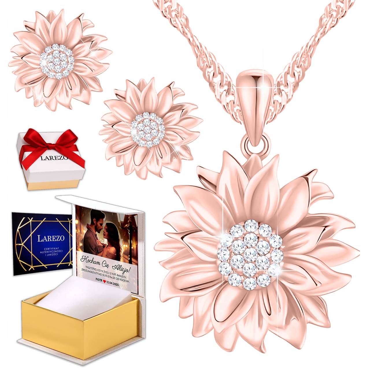 Sada Náušnice a náhrdelník Křišťál Květiny Slunečnice Pozlacený Potisk