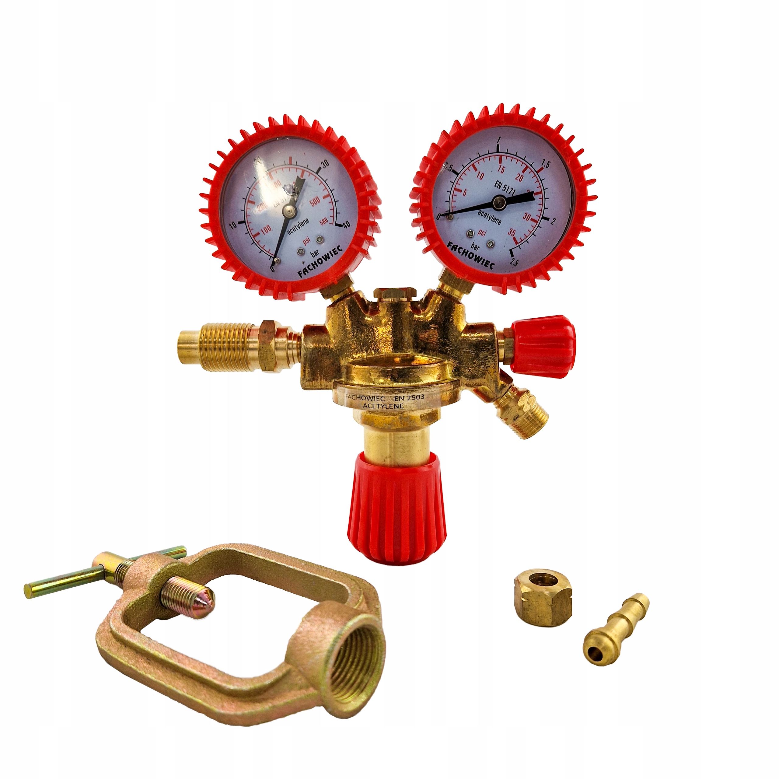Redukční ventil acetylenu se 2 manometry a gumovými kryty Rba