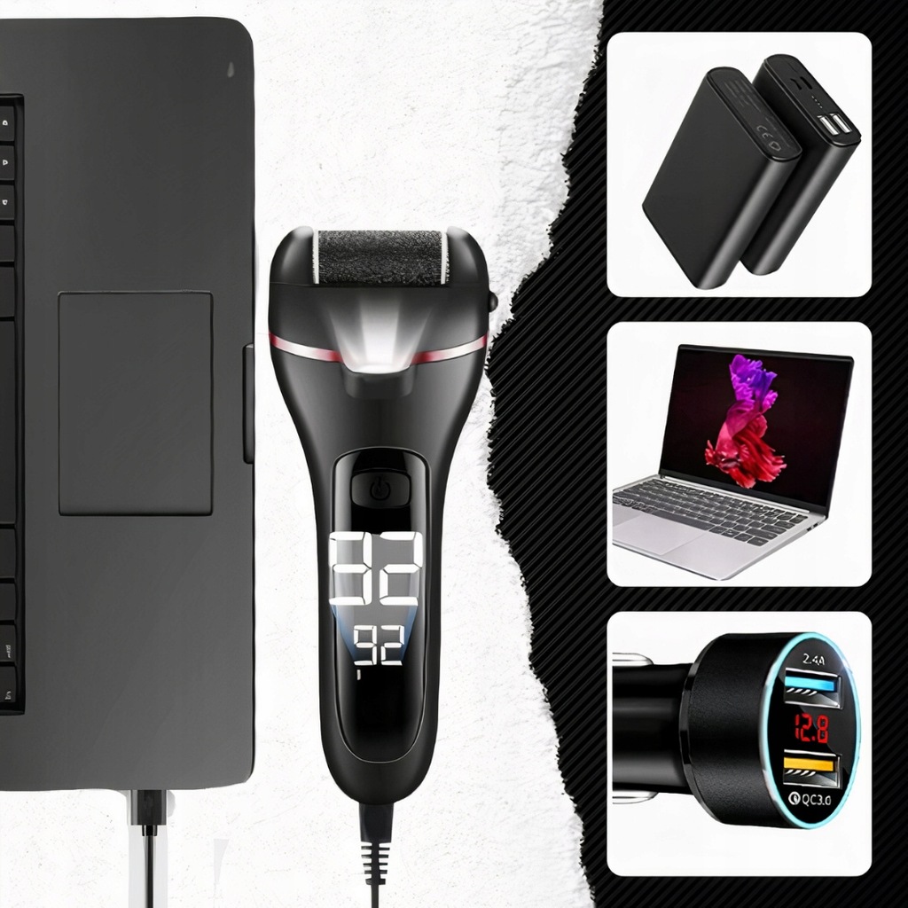 ELEKTRYCZNY PILNIK DO STÓP DO PIĘT LED MEGA ZESTAW PILNICZEK + NASADKI IPX7 Stan opakowania oryginalne