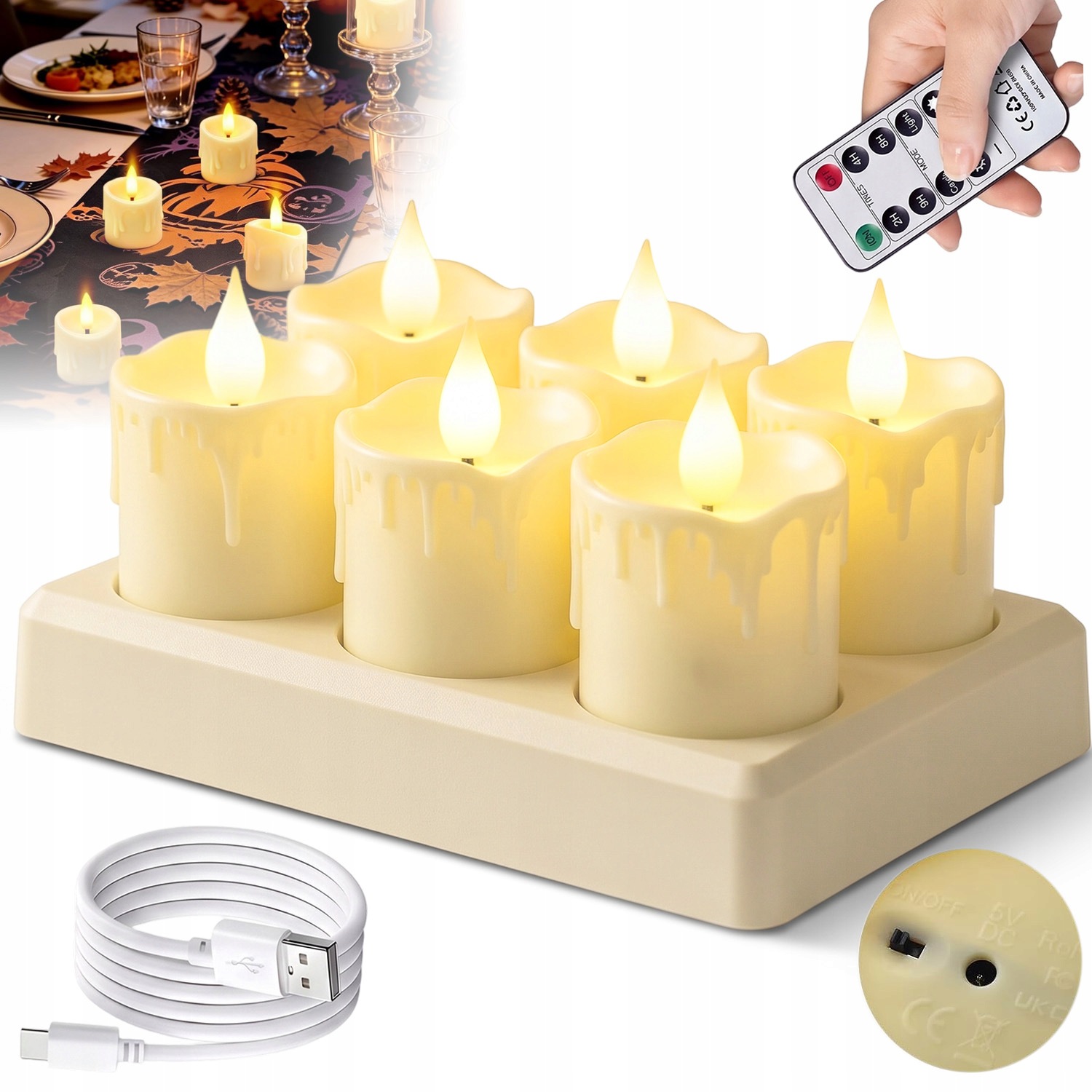 Led Čajové Svíčky Bezplamenné Usb Nabíjení Sada 6 Kusů S Dálkovým Ovládáním