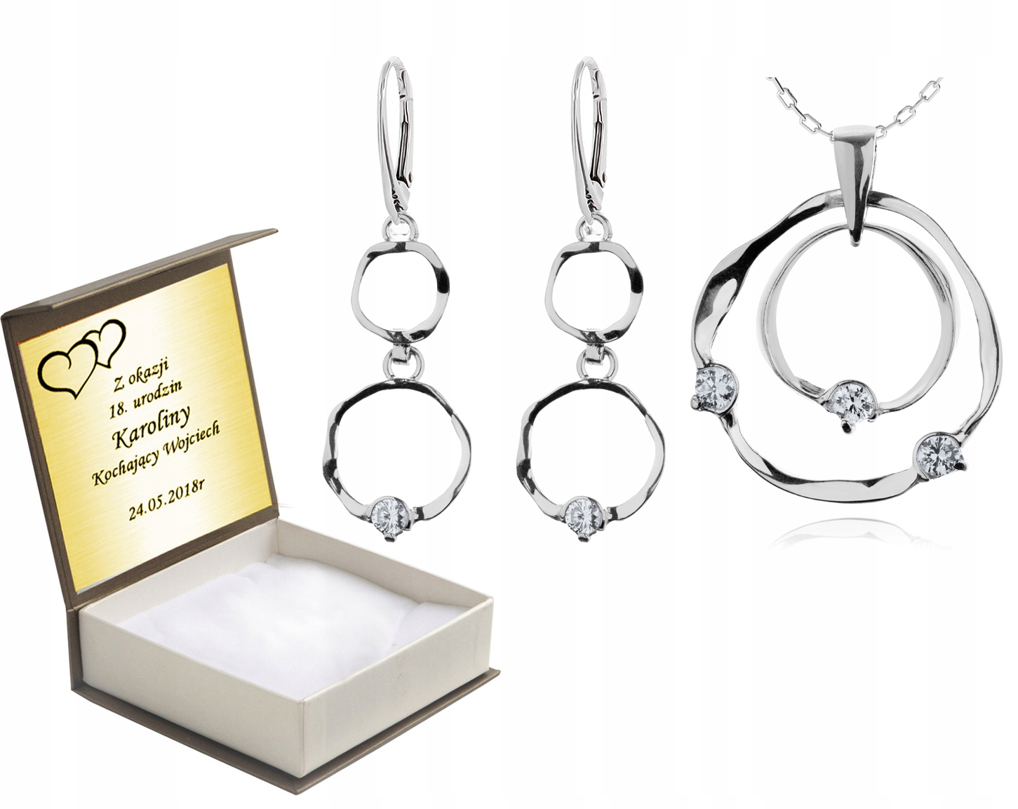 

Komplet Biżuterii Srebrnej Z Cyrkoniami + Grawer