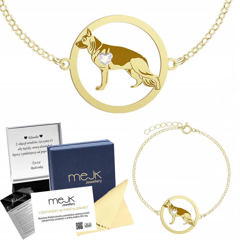 Zlatý náramek Německý ovčák 925 Řetízek Šperky Gravírování Bonus