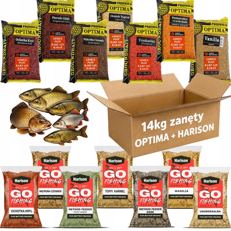 Výkonná Sada Návnad 14kg 7x 1kg Profess Optima 7x 1kg Harison MIX Chutí