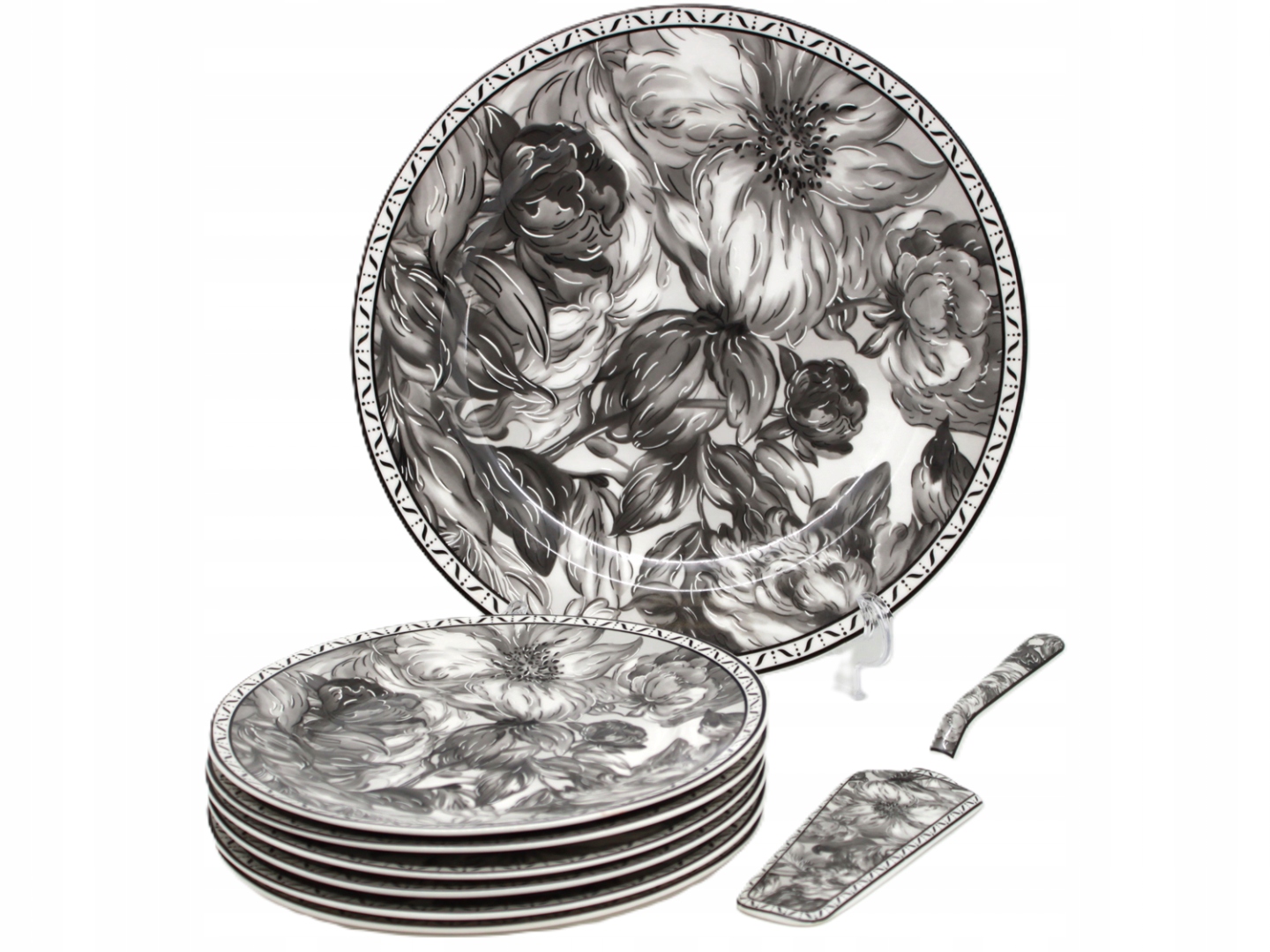 4x tanierik 19 cm dezertný patera a lopatka s motívom ruží, šedý, čierny