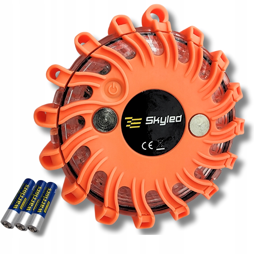 LAMPA OSTRZEGAWCZA BŁYSKOWA 16 LED FLARA KOGUT DYSK MAGNES SKYLED + BATERIE
