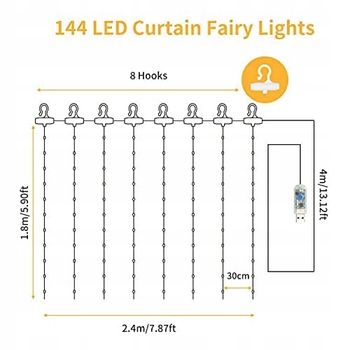 WALCHO Kurtyna Zasłona Girlanda Świetlna Lampki 144LED 2,4x1,8m — miniatura 6