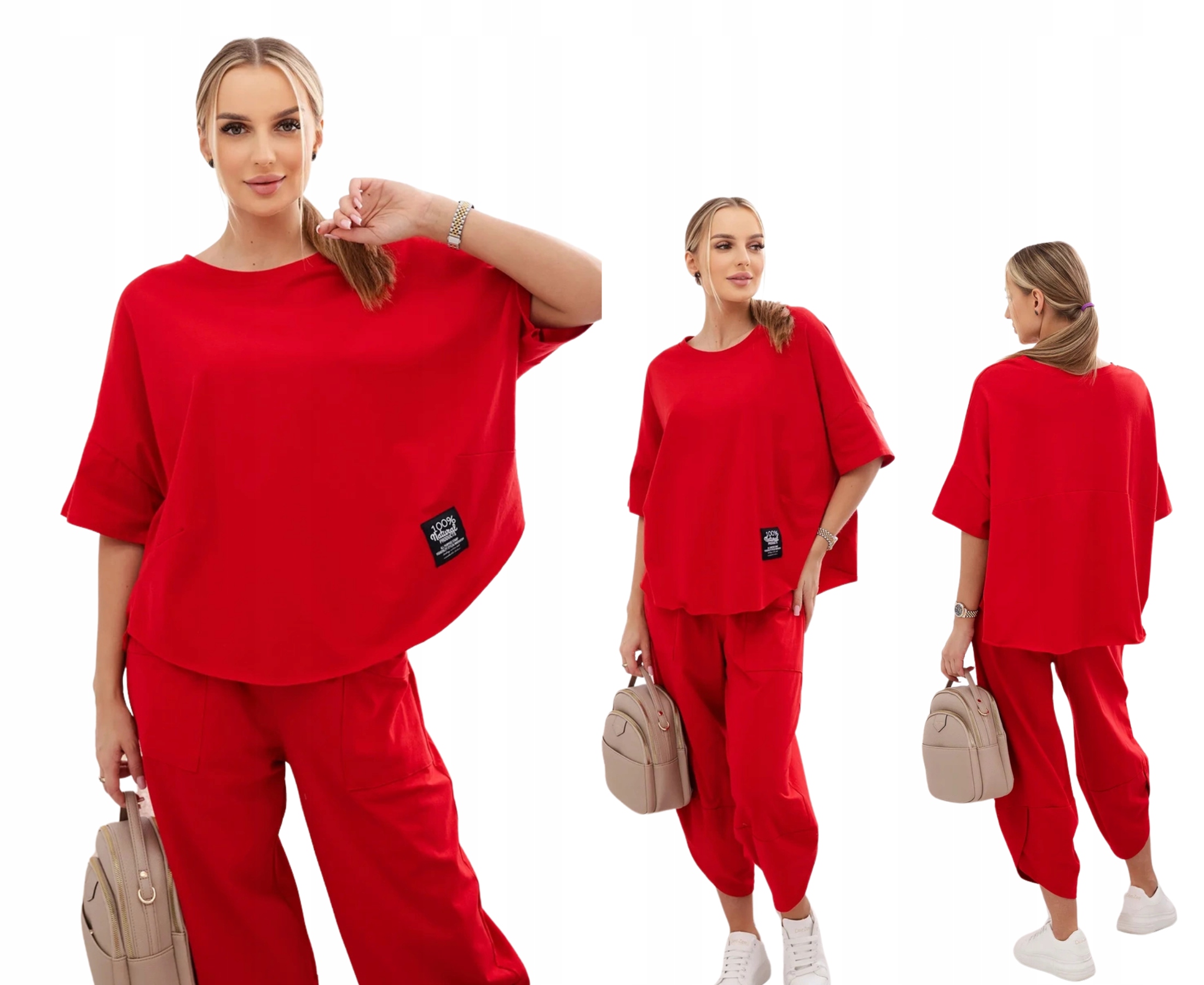 Červený dámský bavlněný komplet: oversize halenka a kalhoty