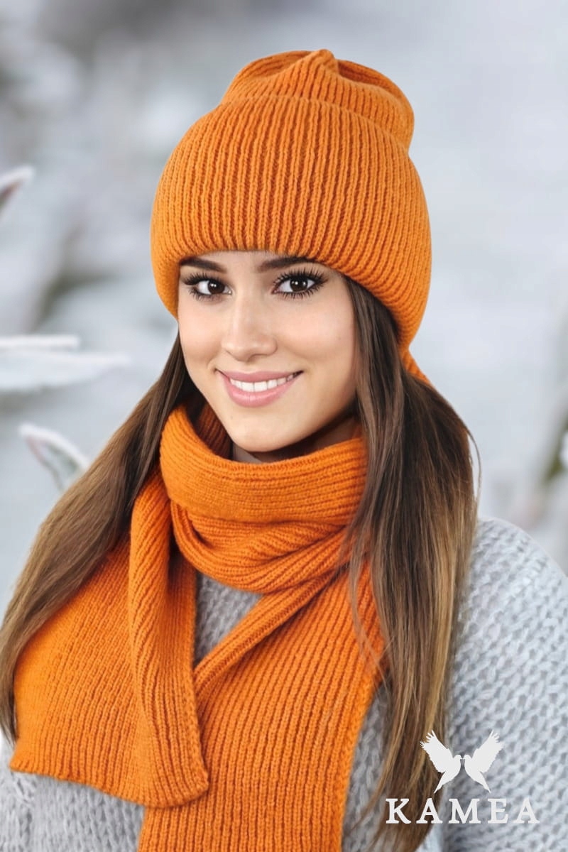 Alma komplet czapka z szalikiem w prążek kolor orange