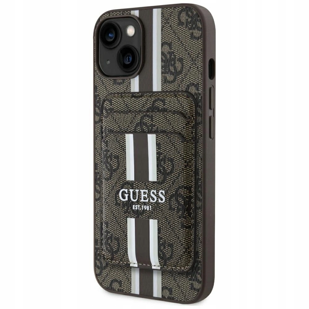 Pouzdro Guess 4G Stripes s peněženkou MagSafe pro Apple iPhone 15, hnědé