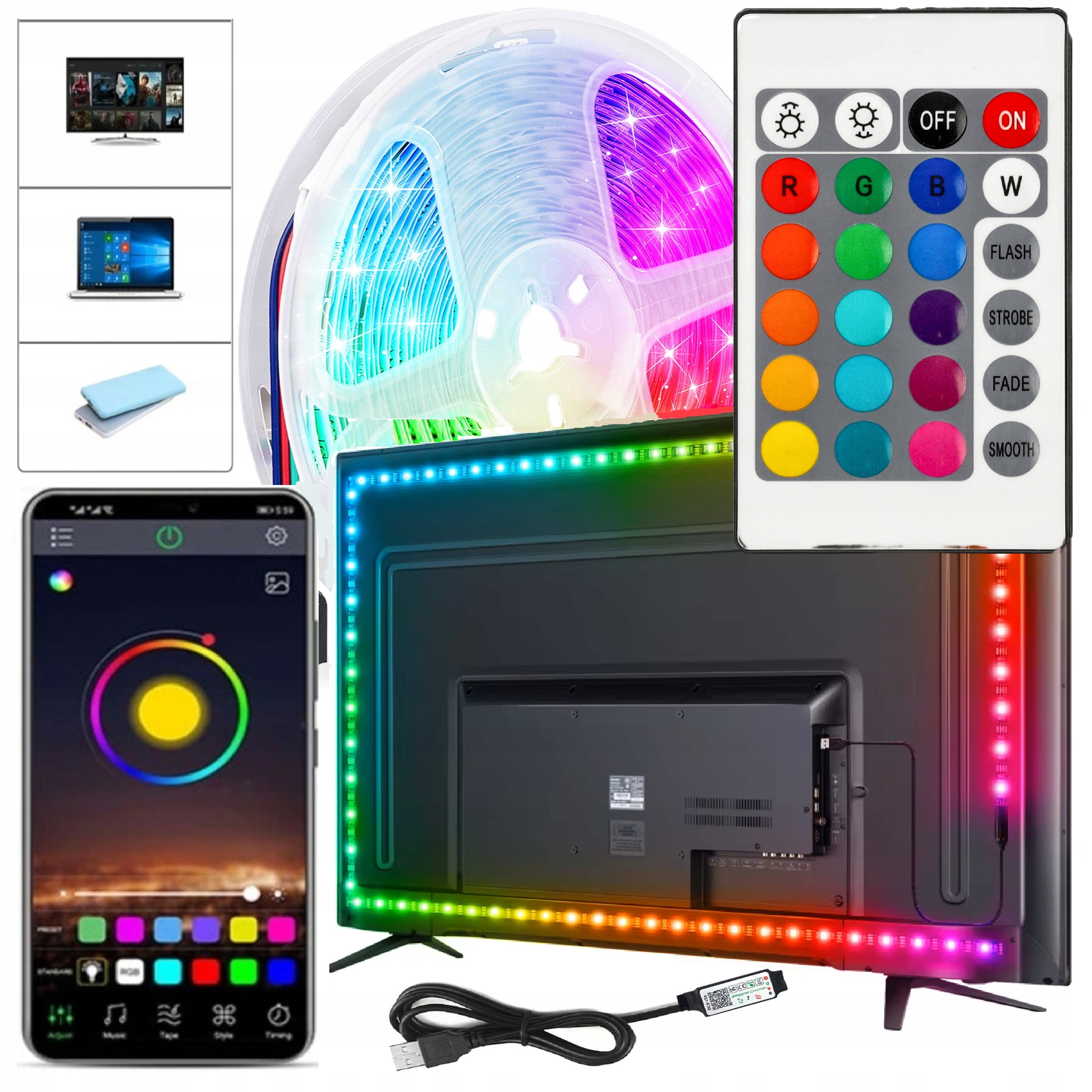 Taśma LED 4M TV Telewizora Podświetlenie RGB USB PILOT Aplikacja BLUETOOTH