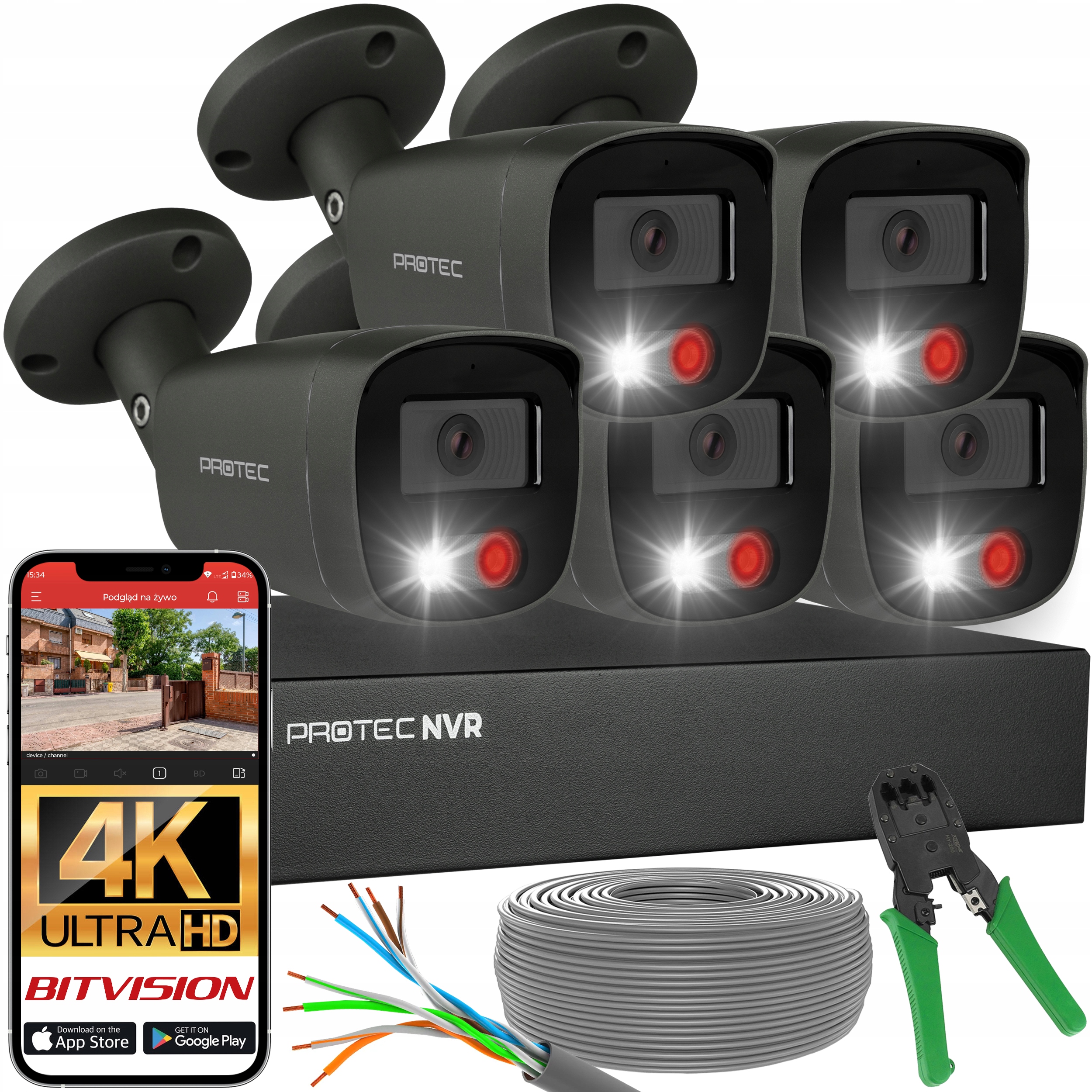 Sada pro monitorování 5 kamer 4K Ip PoE, externí grafitové mikrofony