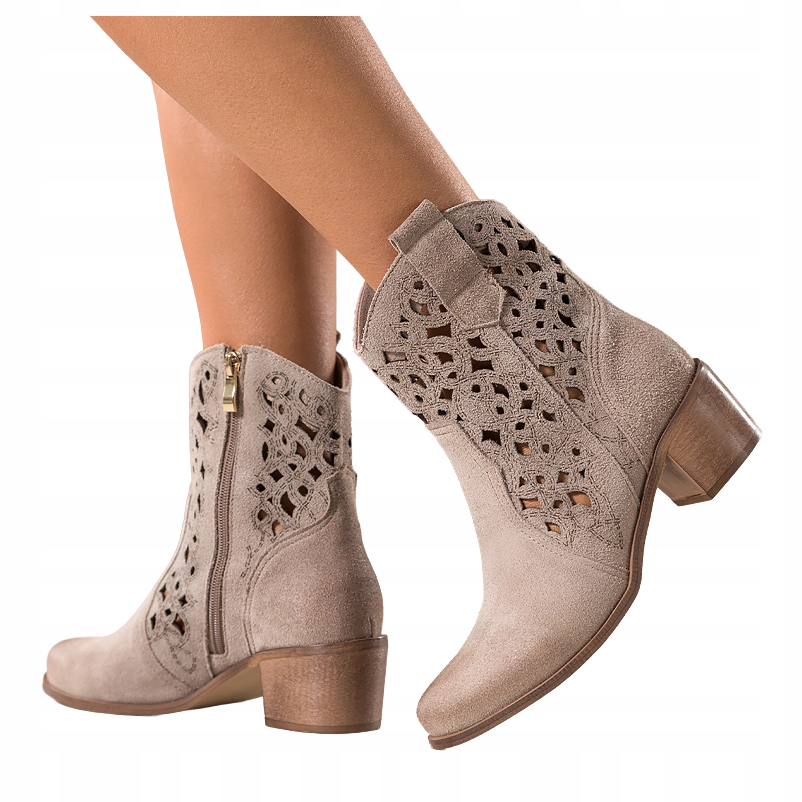 Béžové dámské kotníkové boty Kožené Zkosený kotník Vystřižený Svršek Ažurový vel. 40