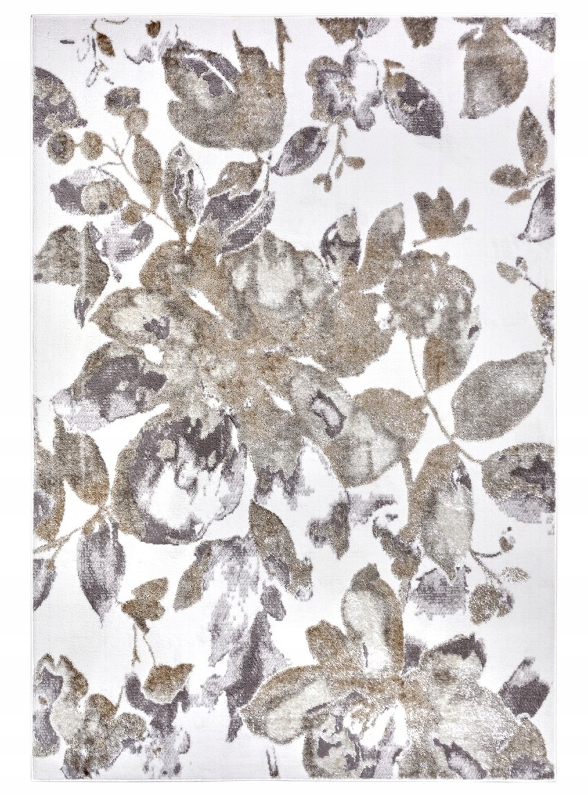Koberec do obývacího pokoje 120 x 170 cm, měkký, plyšový, krémově hnědošedý s květinami