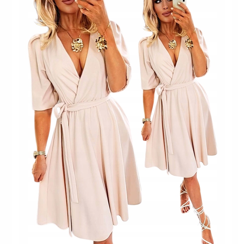 Sukienka Beżowa Damska Jasna Z Kopertowym Dekoltem Rozkloszowana MIDI