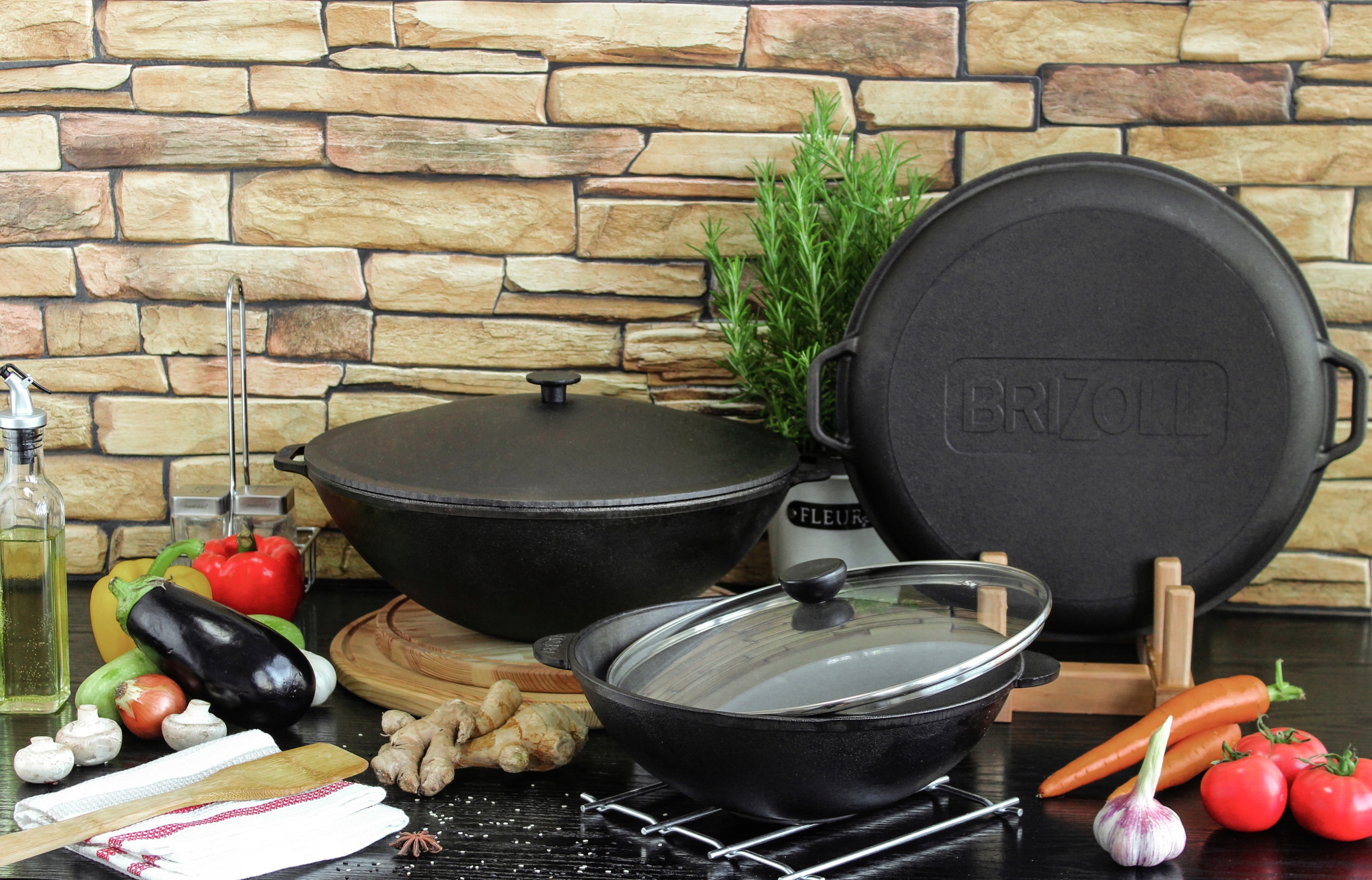 WOK żeliwny 8l z pokrywką Brizoll Kod producenta W36-2