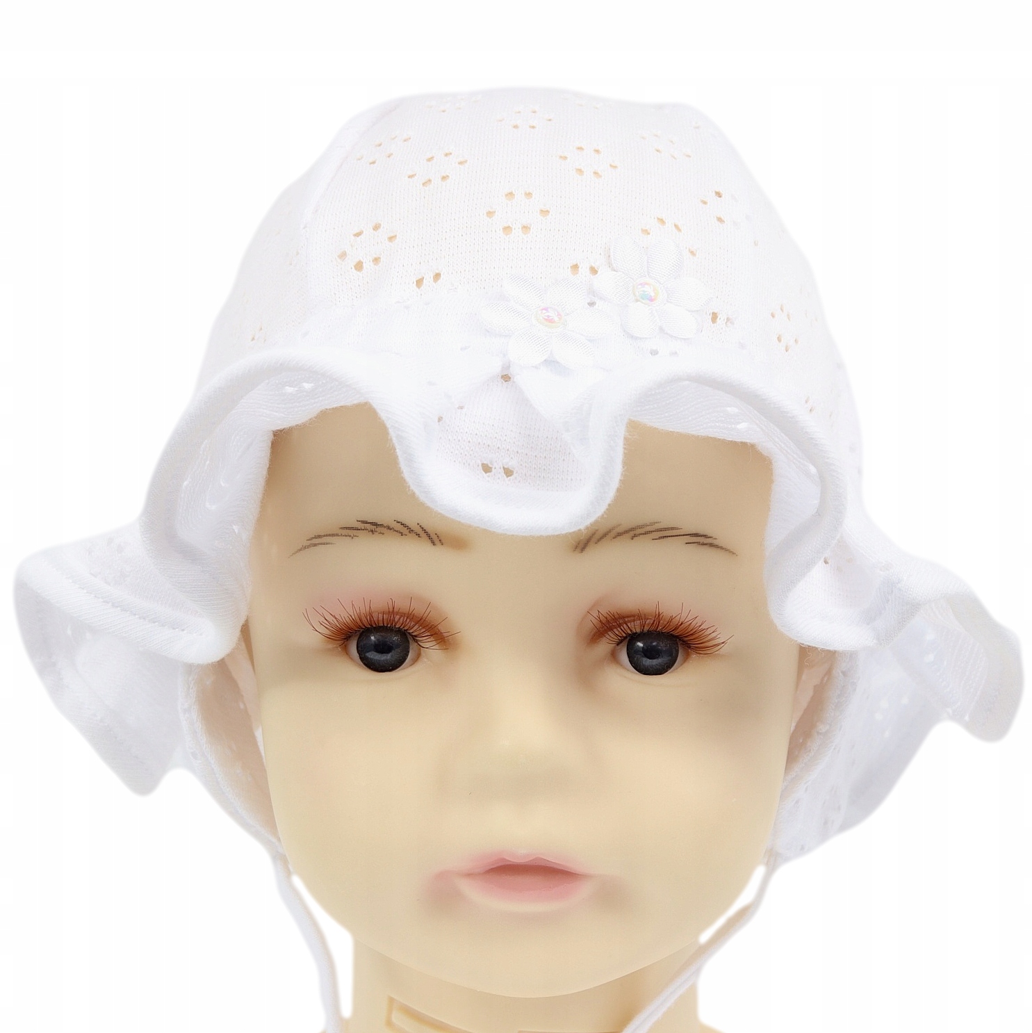 46-48 Letni Kapelusz Ażurowy Z OCHRONĄ NA USZY Chrzest Wiązany Biały 379 mk Kod producenta 379