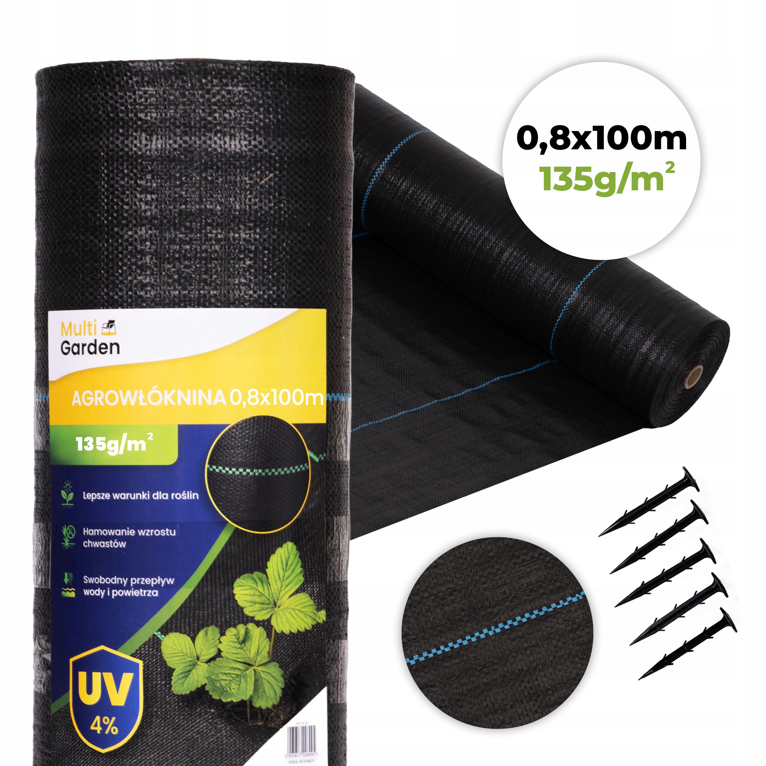 Agrotextilie černá agrotextilie Uv 135g protiplevelová rohož 0,8x100m kolíky
