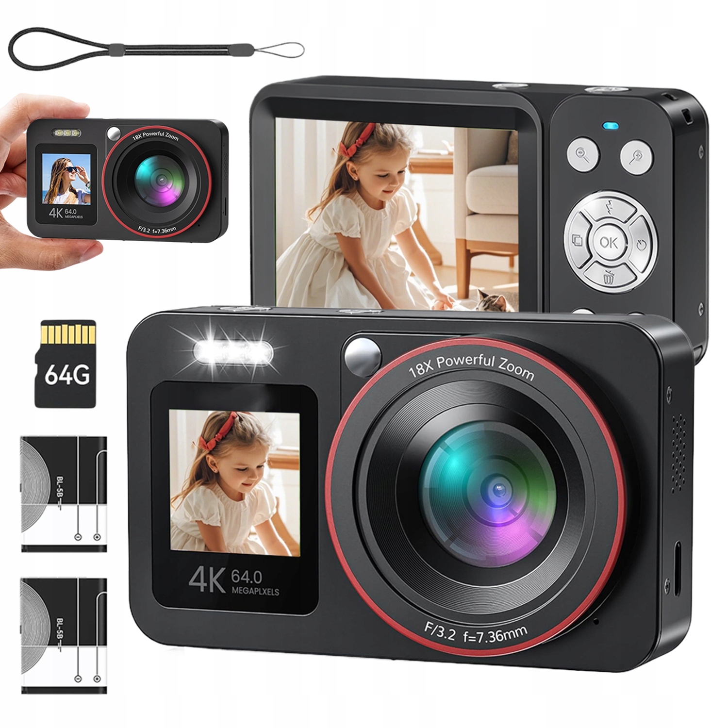 Digitální Fotoaparát 4K, Kompaktní Fotoaparát 64 Mp 18X Se Dvěma Obrazovkami