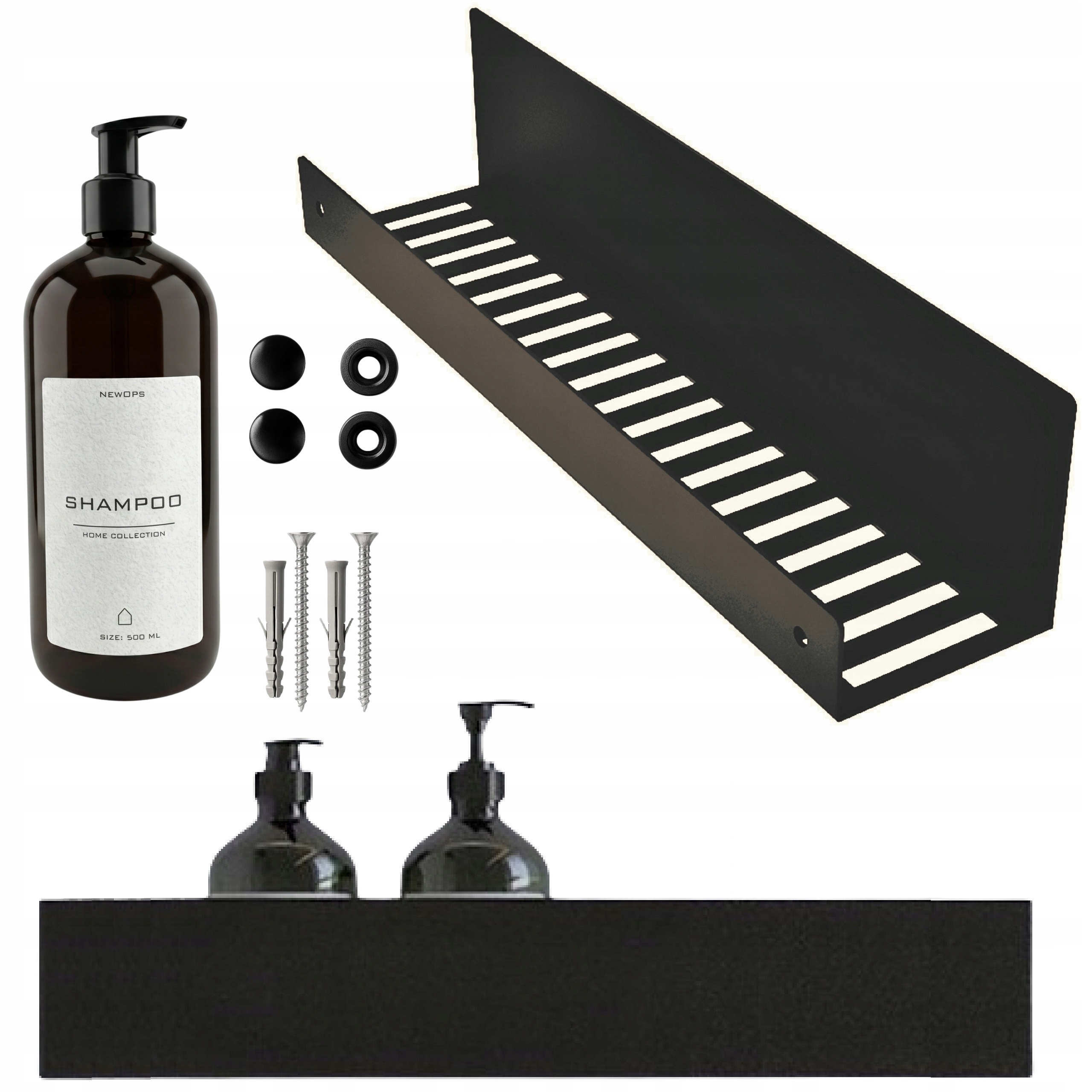 CZARNA METALOWA PÓŁKA POD PRYSZNIC LINEA LOFT DO ŁAZIENKI 40 cm + BUTELKA