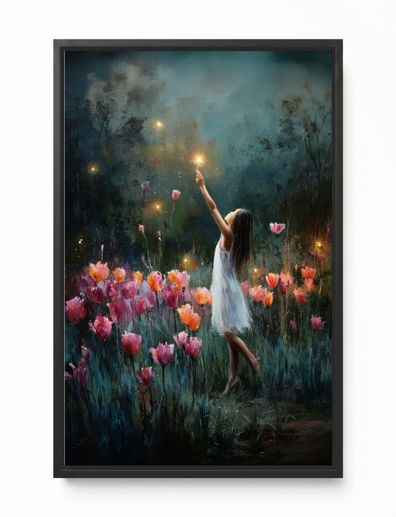 Obraz Rám Americká Krabička Zahrada Noc Večer Květiny Tulipány Hvězdy 40x60