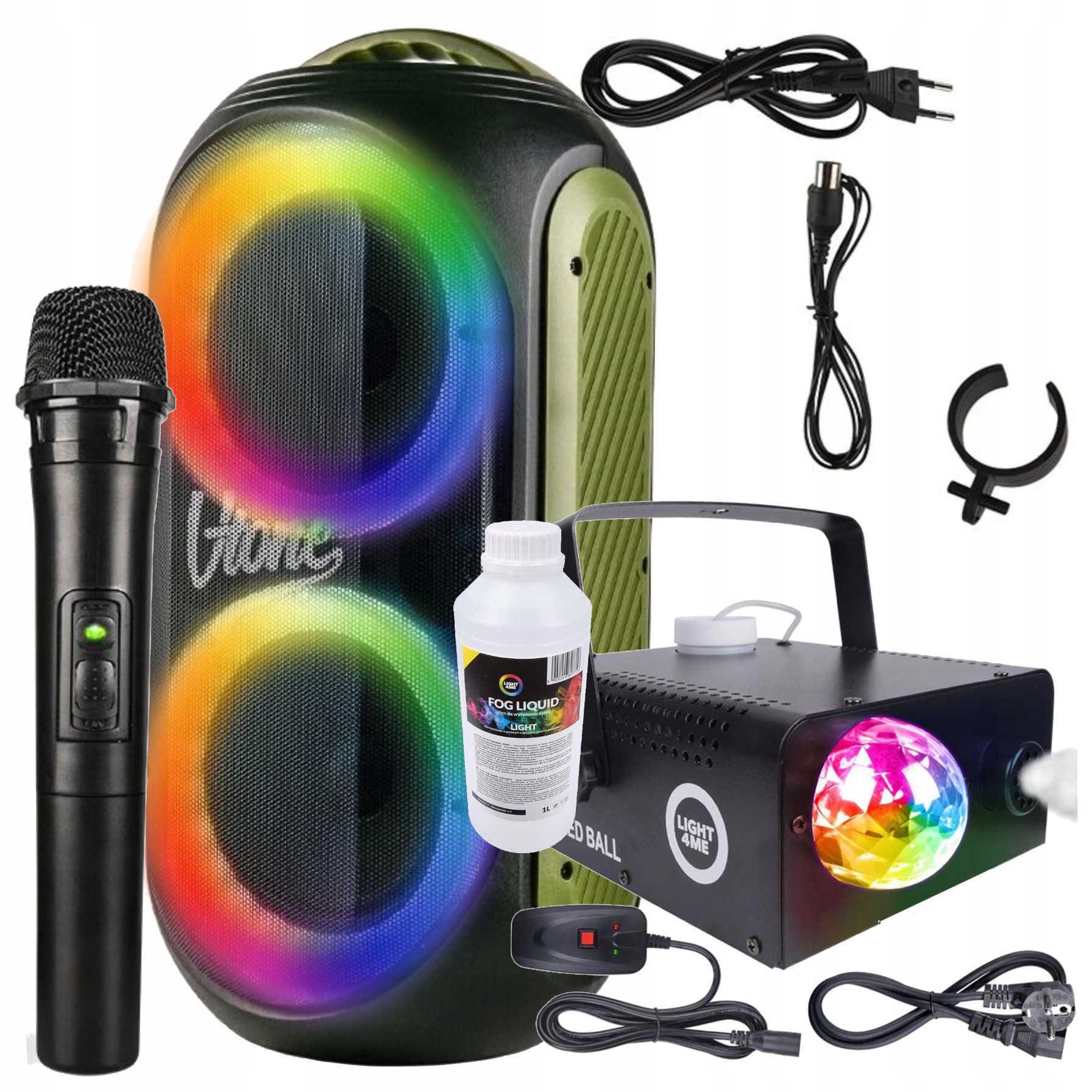 Zestaw Wytwornica Dymu Płyn 1L Kula Disco Bezprzewodowy Głośnik Bluetooth