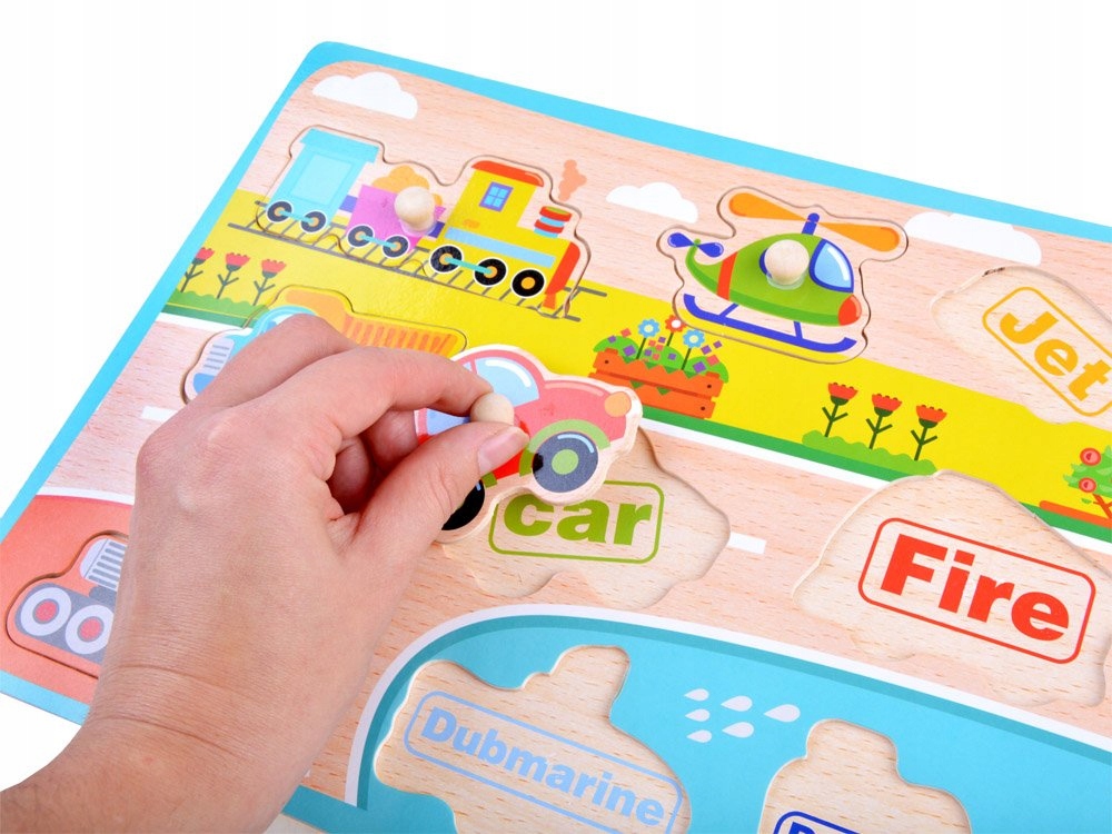 PUZZLE DREWNIANE PINEZKI POJAZDY 9el. UKŁADANKA Marka For Fun