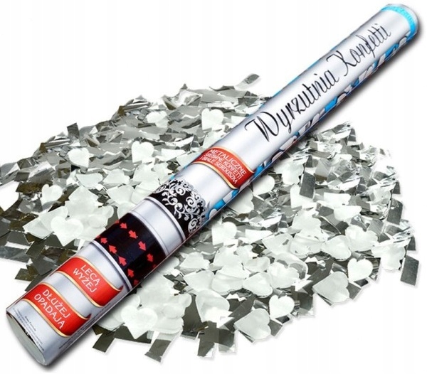 

Tuba Konfetti Strzelające Serca Srebrne Metal 60cm