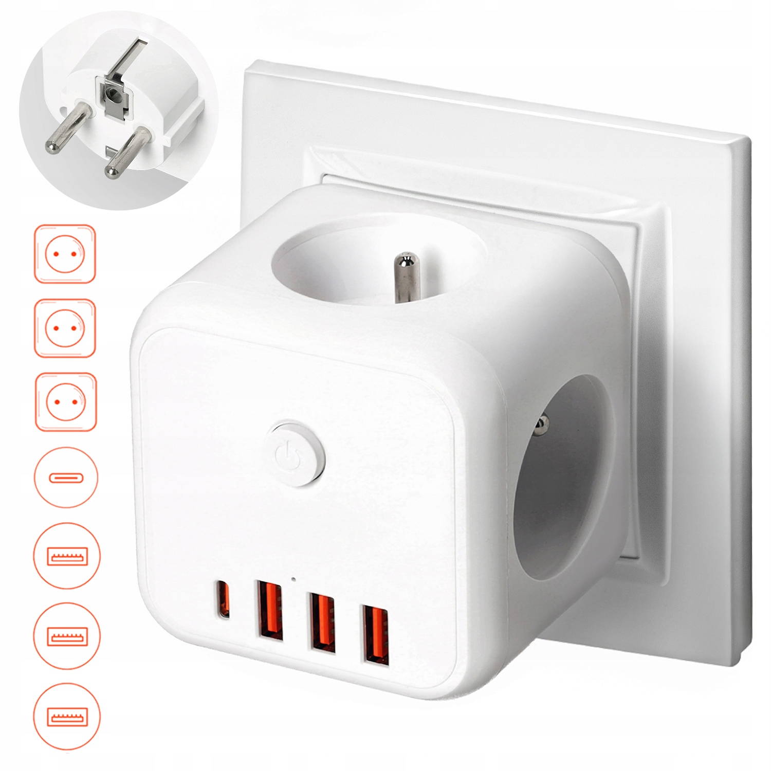 Elektrická zásuvka rozbočka Usb 3-zásuvky s možností vypnutí 4x Usb Bílá
