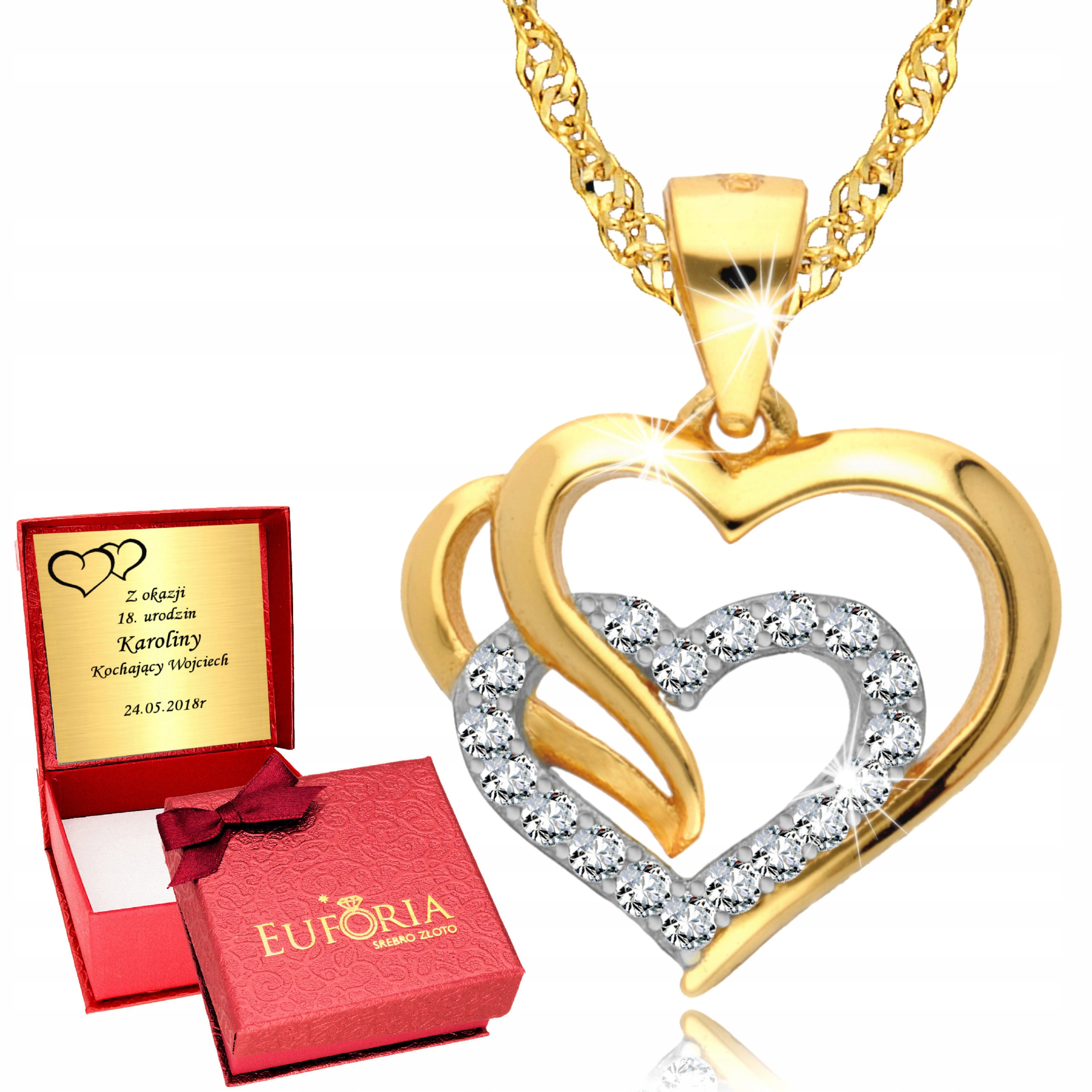 Złoty Łańcuszek 925 Serce Serduszko Naszyjnik KOMUNIA Grawer