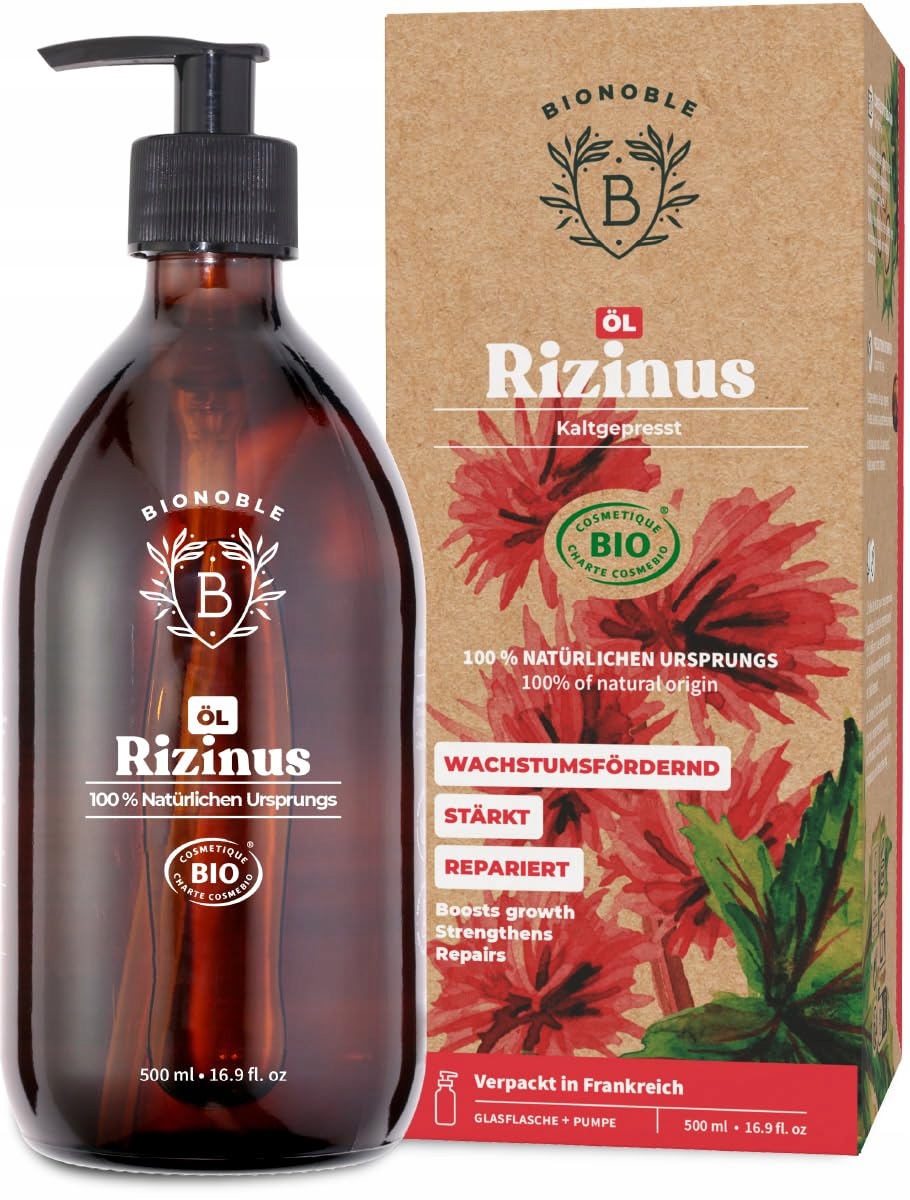 BIONOBLE Olej Rycynowy Bio 500ml Naturalny Do Włosów Rzęs Brwi Paznokci