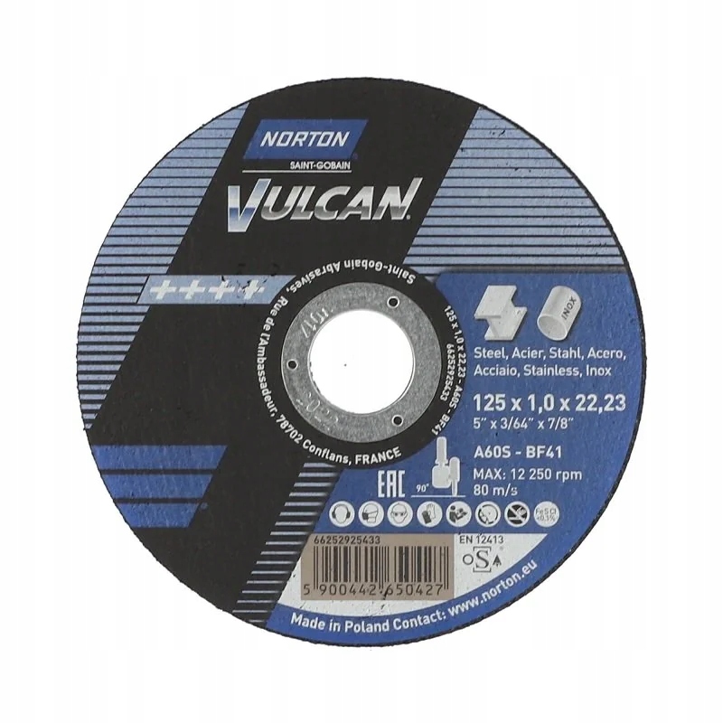 Tarcza płaska do cięcia T41 125x1,0x22,23 A60S6BF-80 Metal-inox Vulcan Nort
