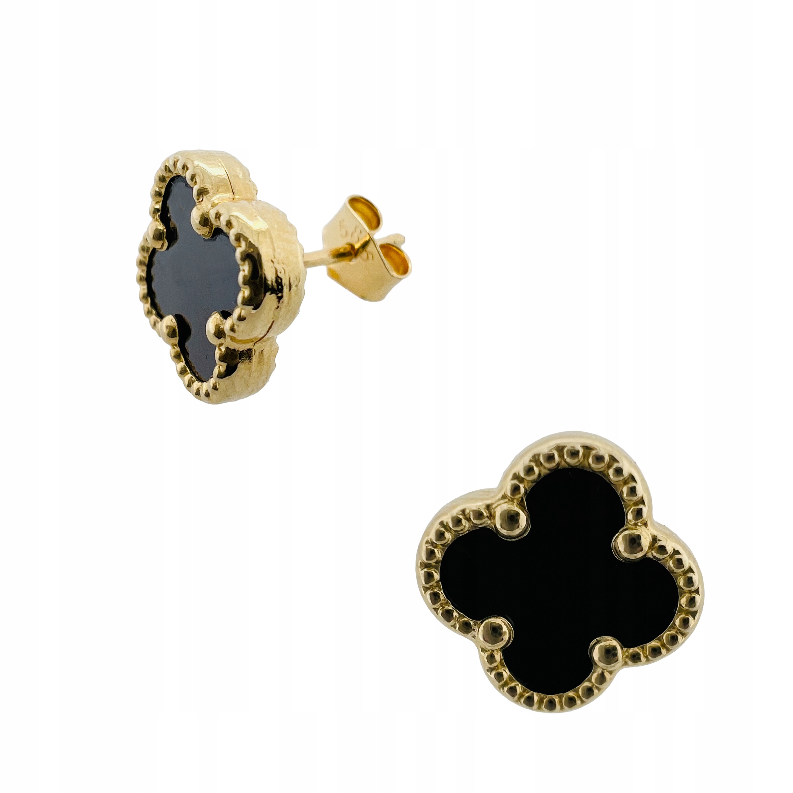 Zlaté Čtyřlístek S Černým Náušnice , Zlato Ryzost Petýlky 585 Pro Ni