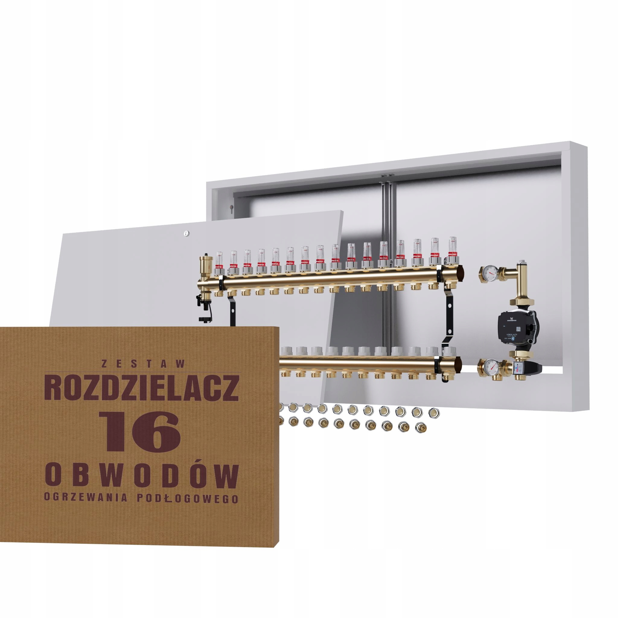 Rozdělovač pro podlahu 16 sekcí s čerpadlem GRUNDFOS+nástěnná skříňka+PEX